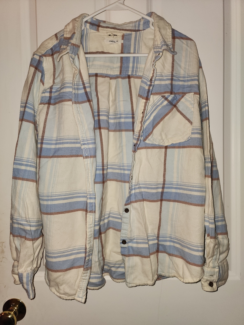 O'Neill Cream, Light Blue & Brown Plaid Flannel Shirt